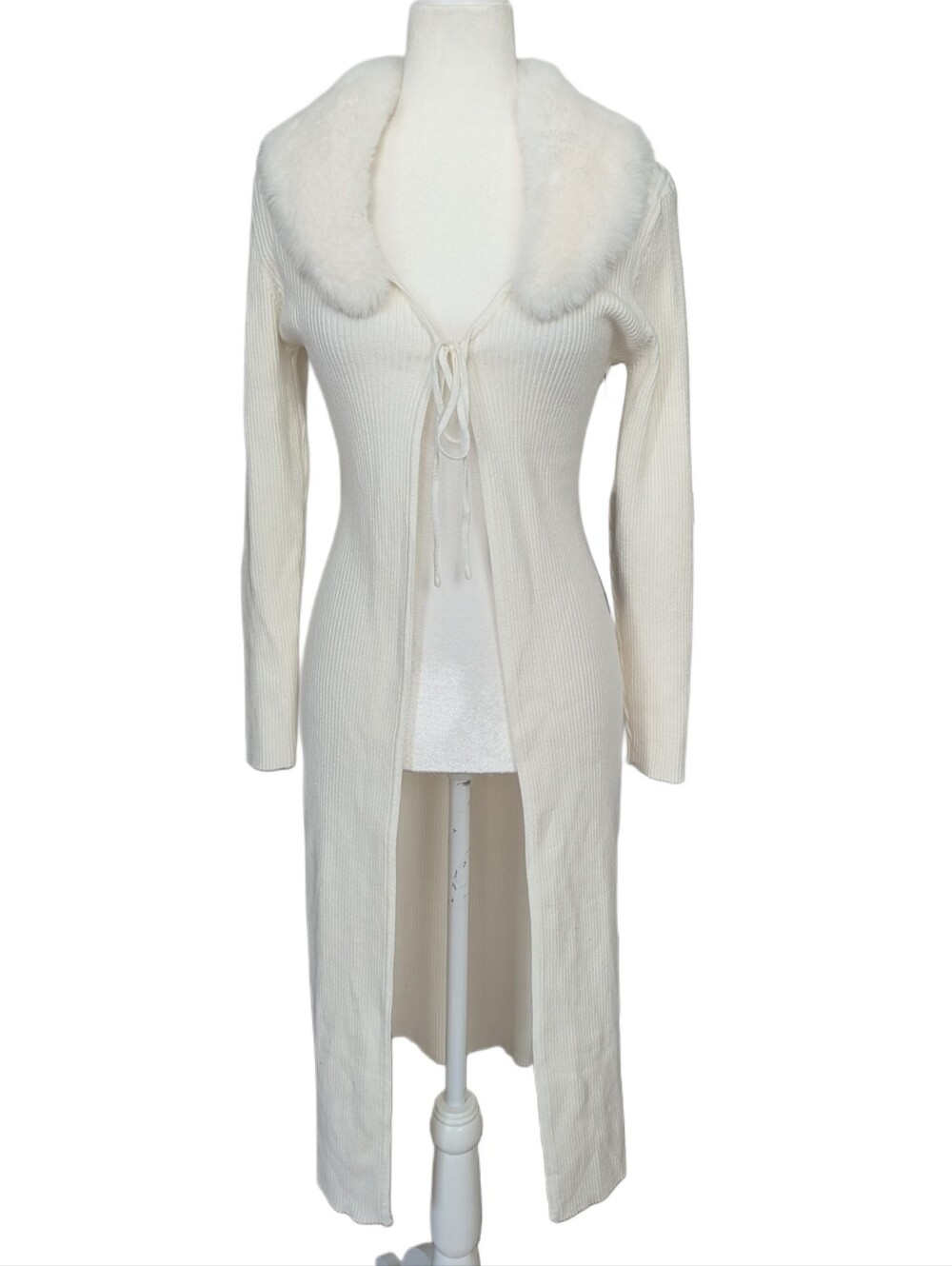 Emerson Lang Womens White Ribbed Faux Fur Long Sweater Cardigan NWT Size Medium